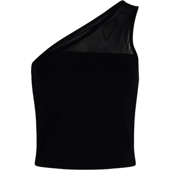 Express Body Contour One Shoulder Cropped Tank Top Womens XL Black Stretch Mesh - Picture 3 of 6